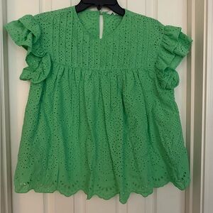 Green Eyelet Ruffle Sleeve Top Crown & Ivy XS
